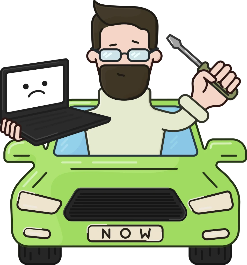Graphic logo - Nerd in a green car repairing a laptop computer